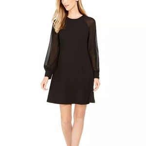 Calvin Klein Black Long Sleeve Dress Illusion Sheer Cuffed Sleeve Size 16 A-Line
